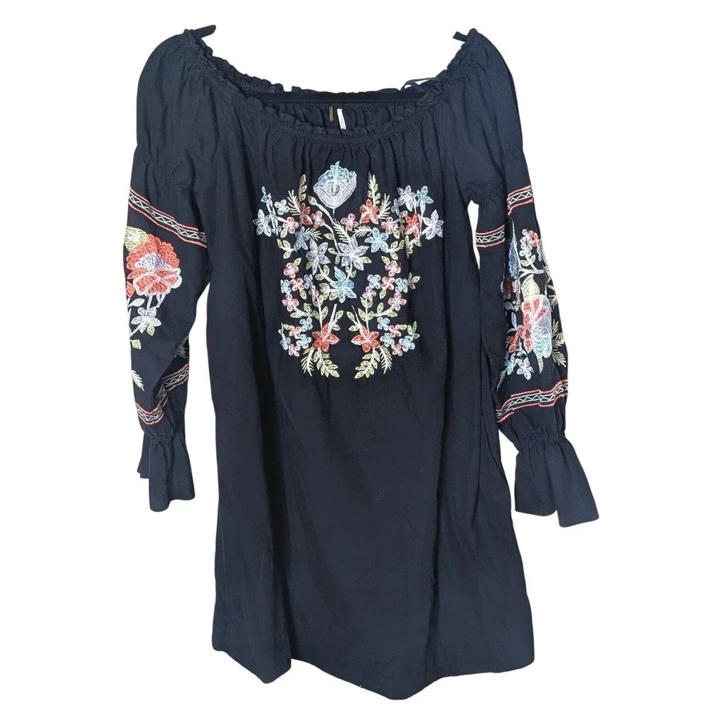 Free People Black Embroidered Peasant Tunic Dress Boho Festival Cottagecore Sz L